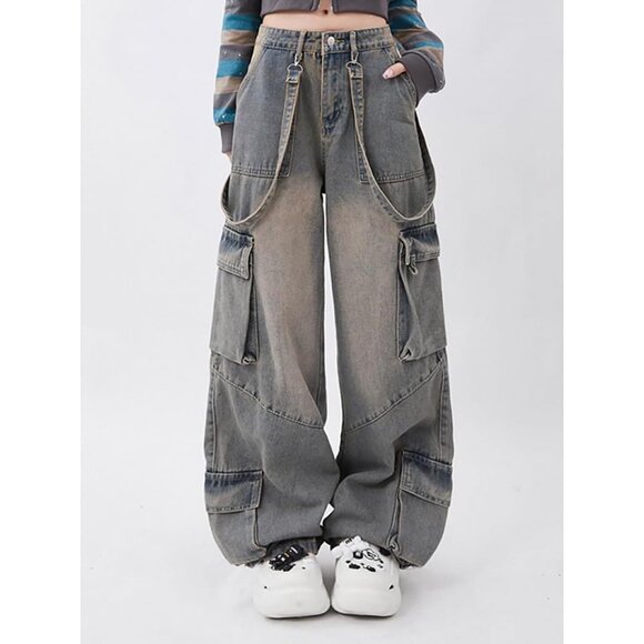 Gothic Denim Pants Women's Loose Wide Leg Stitching Casual High Rise - Picture 5 of 5